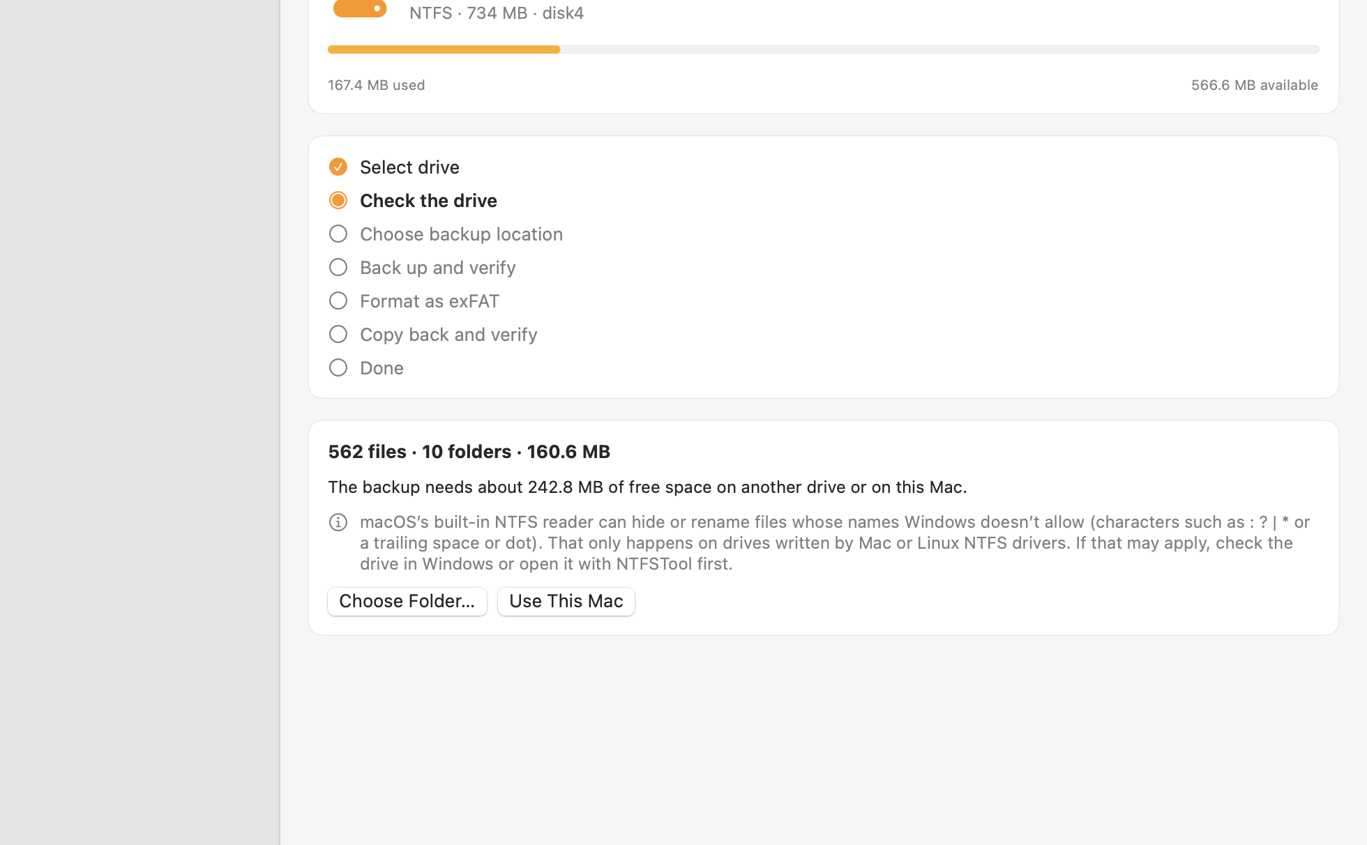 NTFS2exFAT checking the drive: file count, size and warnings