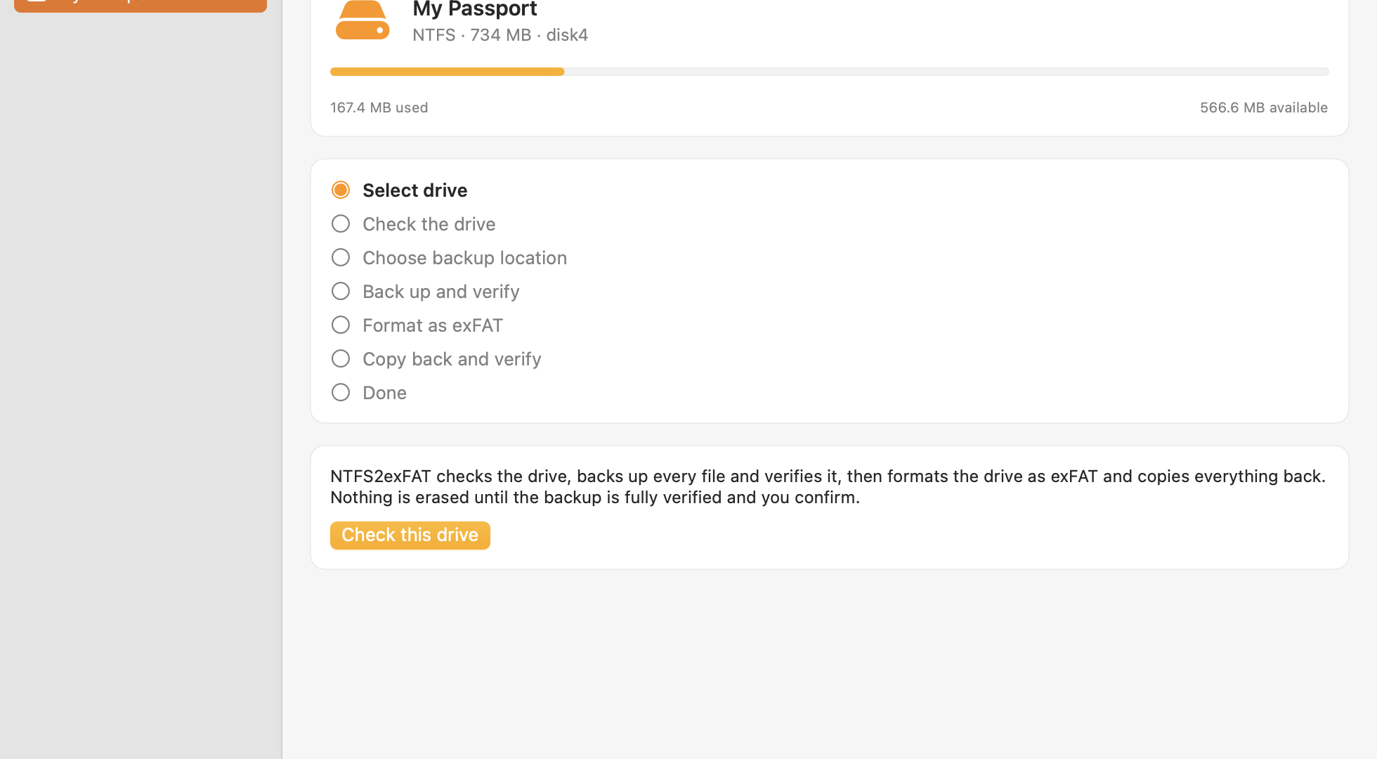 NTFS2exFAT window with the NTFS drive My Passport selected