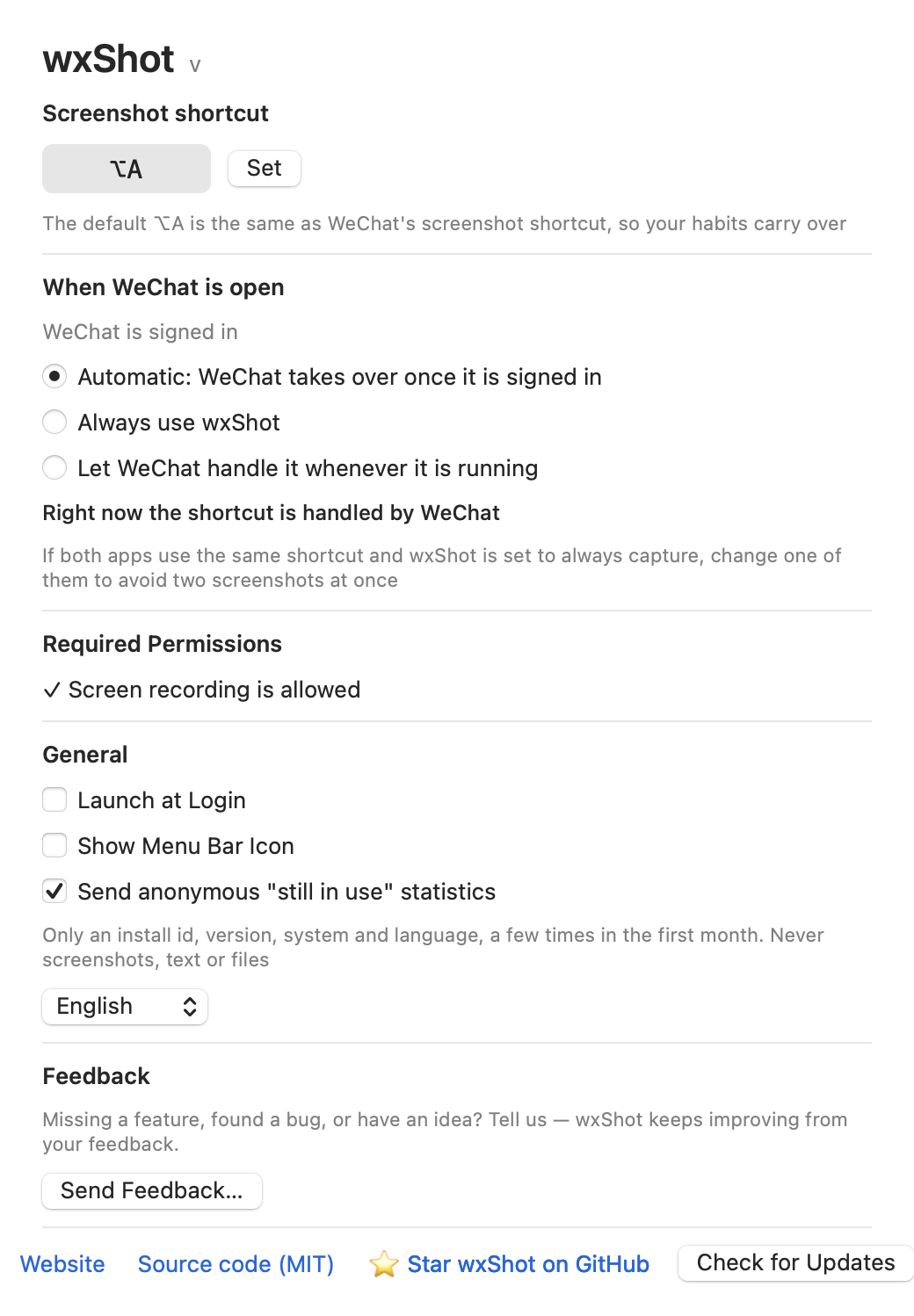 The wxShot settings window with the shortcut, WeChat handling options, permission status, launch at login, menu bar icon and statistics switches